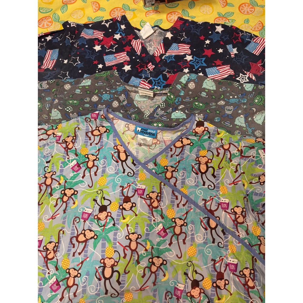 UA Scrubs Mad About Mouths Scrub Tops Bundle 4XL Multicolor Novelty Print